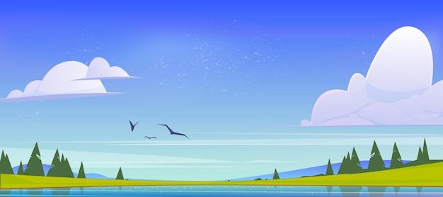 Summer nature landscape, scenery valley with lake, mountains,\
green field and conifers trees. pond and spruces under blue sky\
with fluffy clouds and flying birds, cartoon parallax vector\
background