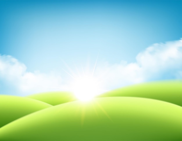 Summer nature sunrise background, a landscape with green hills and meadows, blue sky and clouds.