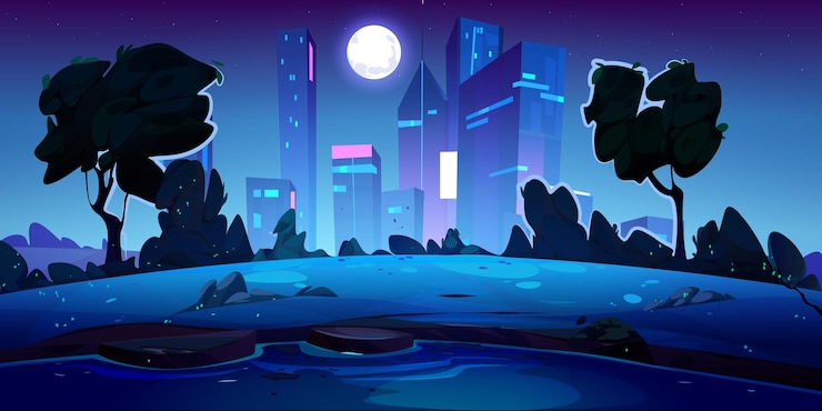 Free Vector summer night park with lake in city moon light