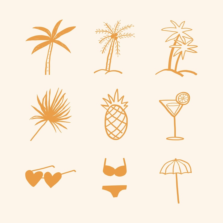 Free Vector summer palm trees  and vacation motifs diary stickers doodle collection