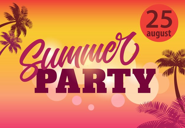 Summer party, august twenty five flyer with palm silhouettes and sunset 