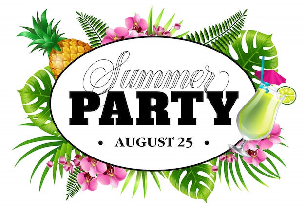 Free vector summer party august twenty five invitation with palm leaves, flowers, pineapple