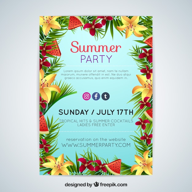 Free vector summer party brochure with tropical flowers