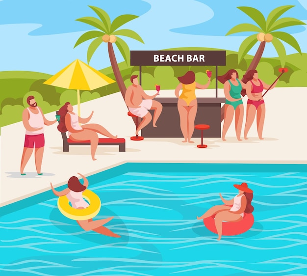 Summer party concept composition with outdoor landscape human characters of relaxing people beach bar and pool  illustration
