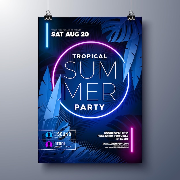 Summer Party Flyer Design Template with Glowing Neon Light on Fluorescent Tropic Leaves Background