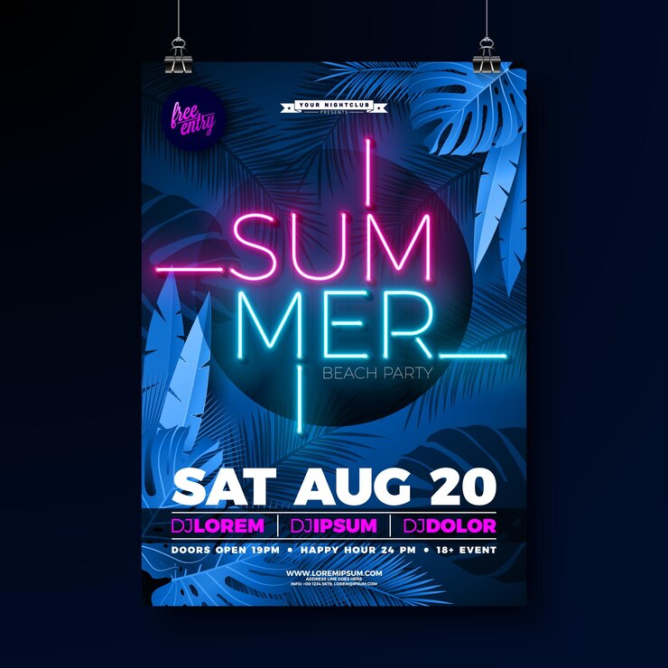 Free Vector summer party flyer design template with glowing neon light lettering on fluorescent tropic leaves