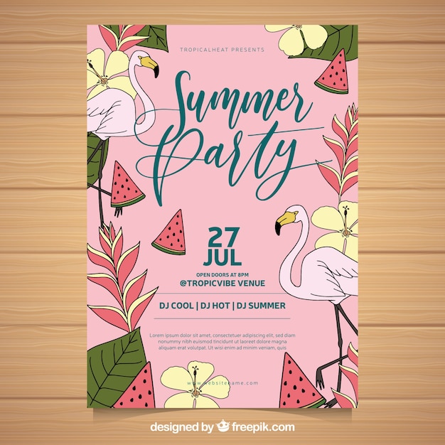 Free vector summer party flyer flamingos and vegetation