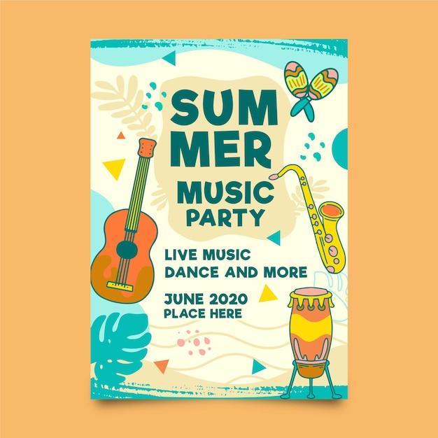 Free vector summer party flyer template with musical instruments