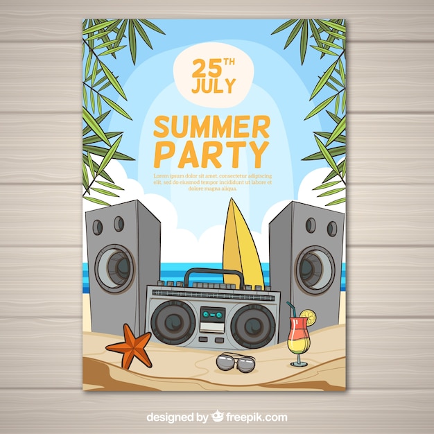 Free vector summer party flyer with beach view