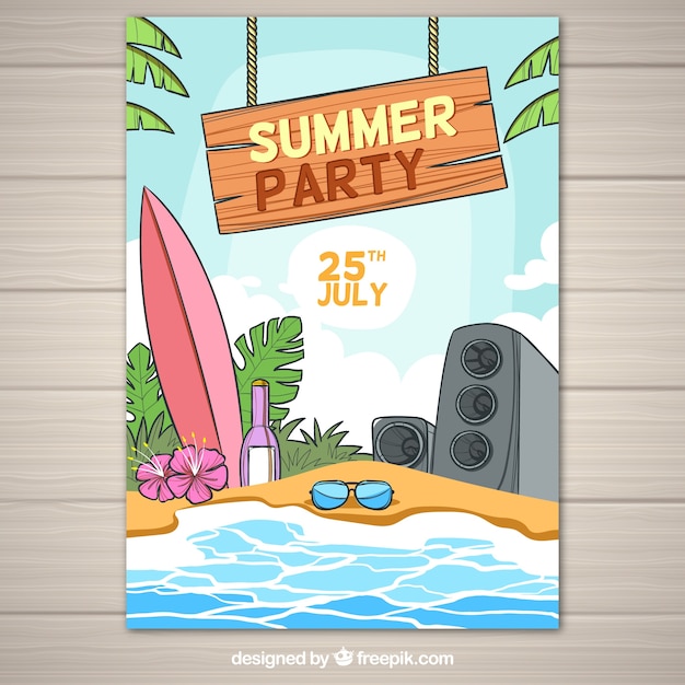 Free vector summer party flyer with beach view