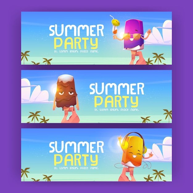 Summer party flyers with cute ice cream on beach vector posters with cartoon illustration with hand holding popsicle chocolate icecream on stick melt in headphones and and sunglasses