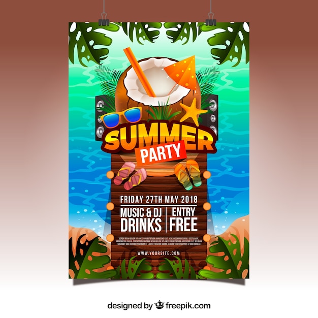 Free vector summer party invitation with beach elements in realistic style