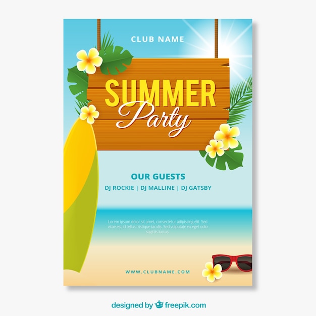 Summer party invitation with beach view in realistic style