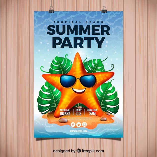 Free vector summer party invitation with cool starfish in realistic style