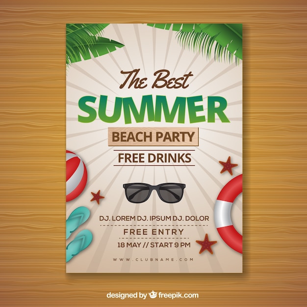 Free vector summer party invitation with elements in realistic style