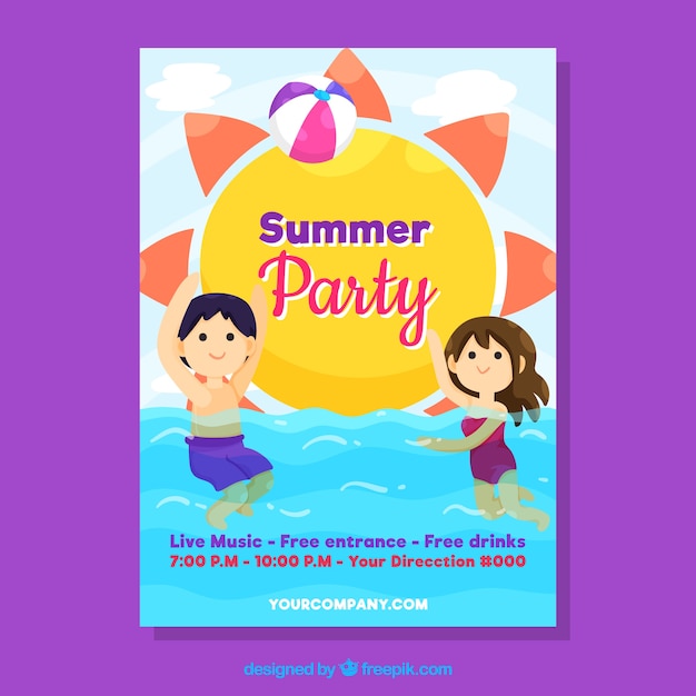 Summer party invitation with kids in the water