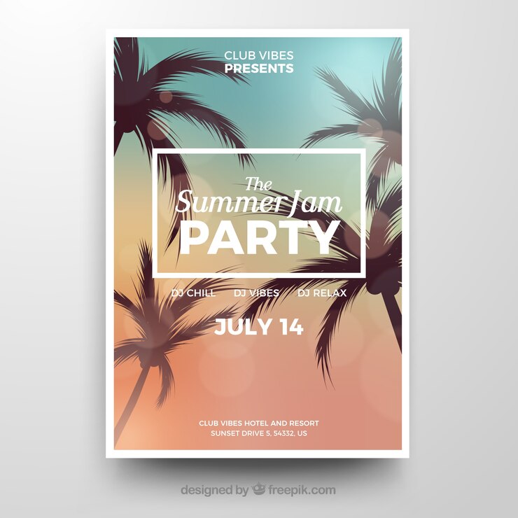 Free Vector summer party invitation with palm trees in realistic style