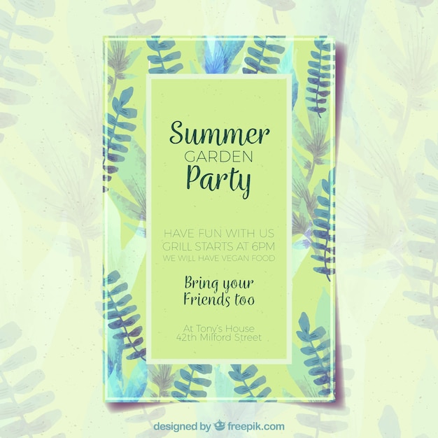 Free vector summer party invitation with plants in watercolor style