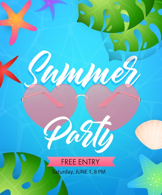 Vettore gratuito summer party lettering con occhiali a forma di cuore