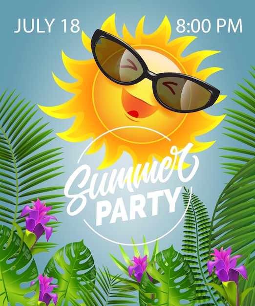 Бесплатное векторное изображение Летняя вечеринка с улыбающимся солнцем в солнцезащитных очках. летнее предложение