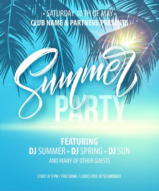 Summer party poster. Palm leaf and sea background.