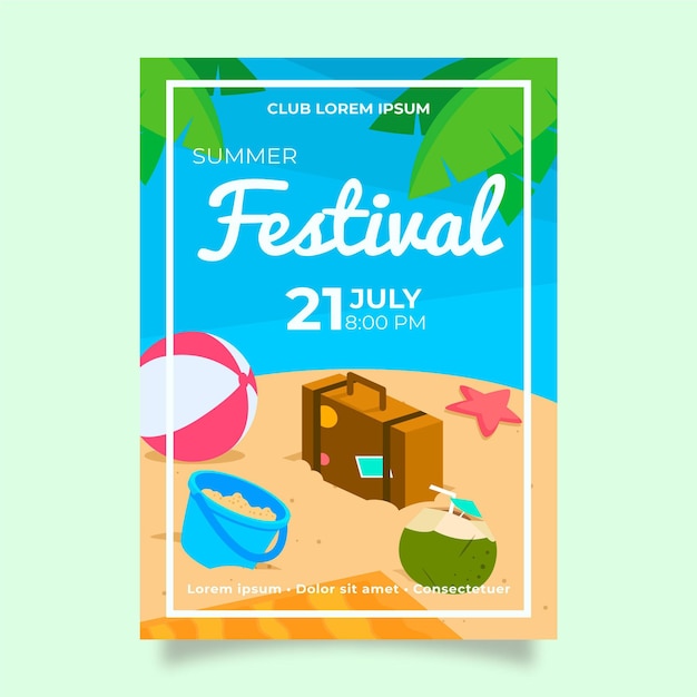 Summer party poster template with beach ball and suitcase