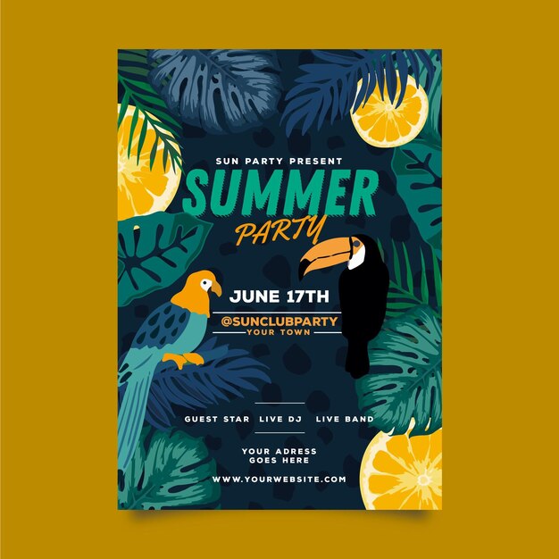 Summer party poster template with bird and leaves