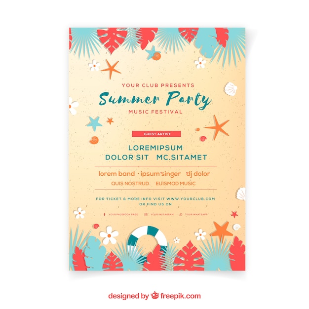 Free vector summer party poster template with flat design