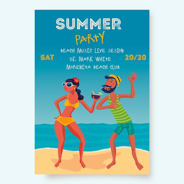 Free vector summer party poster template with people on beach