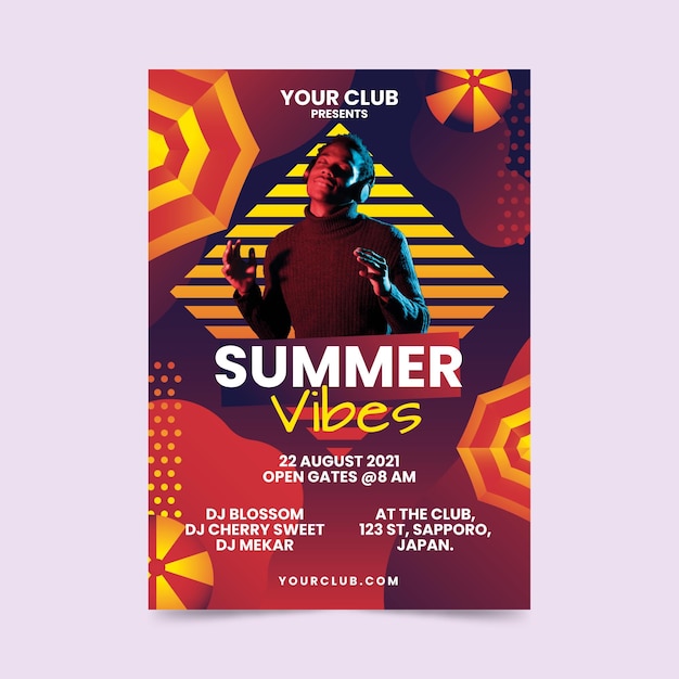 Free vector summer party poster template with photo