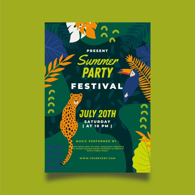 Summer party poster template with toucan and leopard