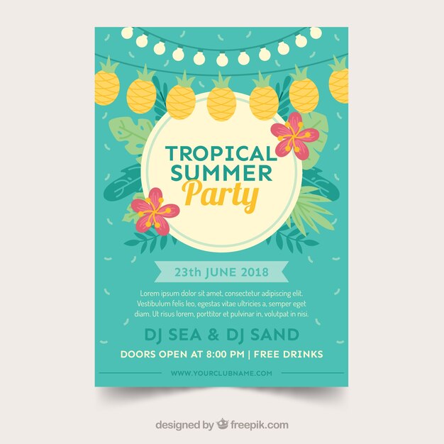 Summer party poster with plants and pennants