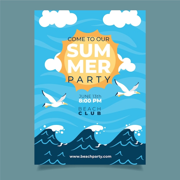 Summer party poster with waves and birds