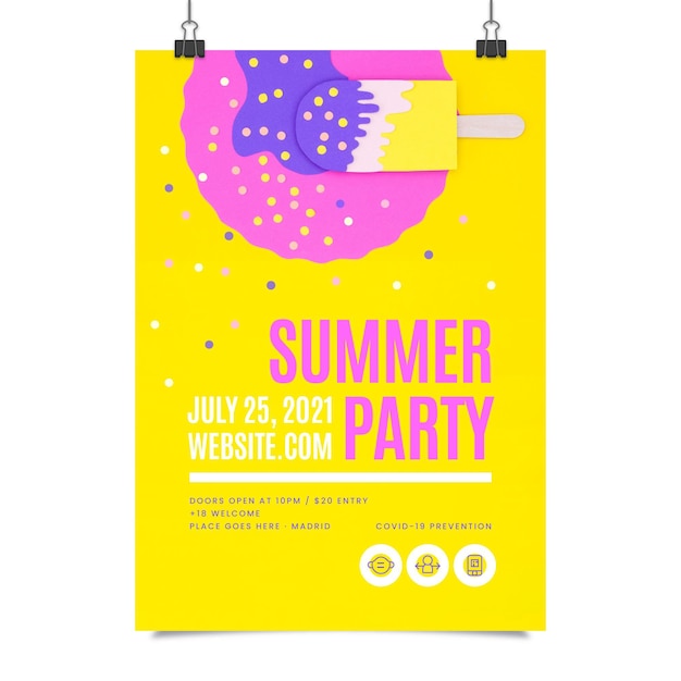 Бесплатное векторное изображение Шаблон вертикального плаката летней вечеринки в бумажном стиле с фото