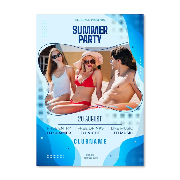 Free vector summer party vertical poster template in paper style with photo