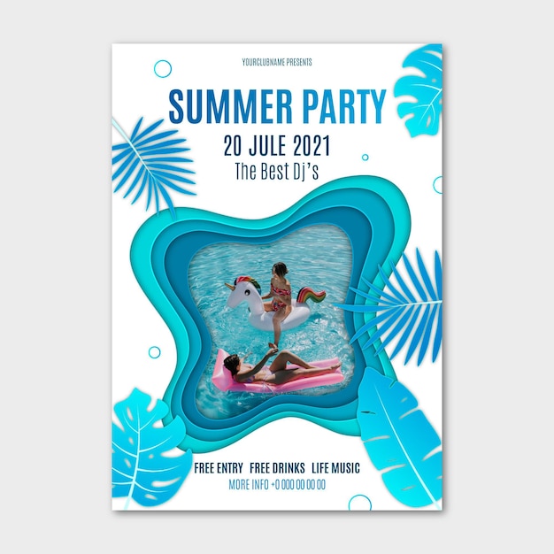 사진과 함께 종이 스타일의 여름 파티 세로 포스터 템플릿