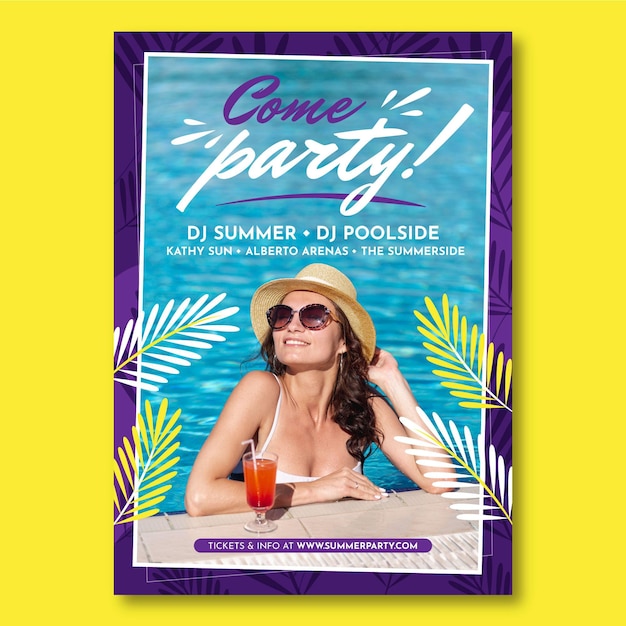 Бесплатное векторное изображение Шаблон вертикального плаката летней вечеринки с фото