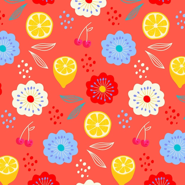 無料ベクター 花とレモンの夏パターン