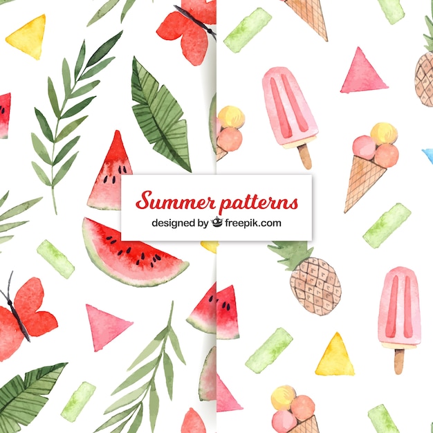 Free vector summer patterns collection with food in watercolor style