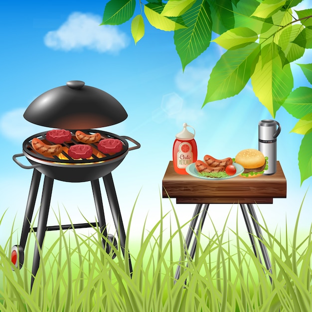 Summer picnic with sausages and burgers cooking on grill realistic illustration