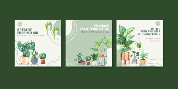 夏の植物と家の植物は、テンプレートデザインの水彩イラストを宣伝します。