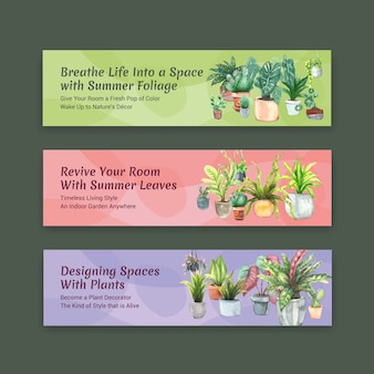 夏​の​植物​バナーテンプレートデザインパンフレット​、​リーフレット​、​宣伝​、​小​冊子​の​水彩​イラスト