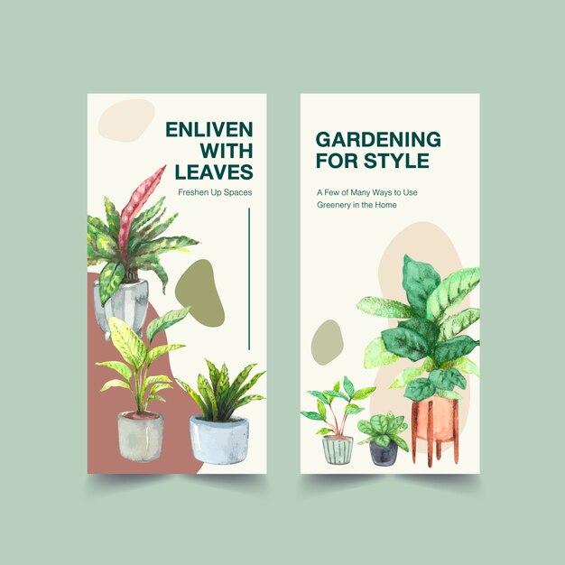 Summer plants flyer template design for leaflet, booklet, advertise watercolor illustration