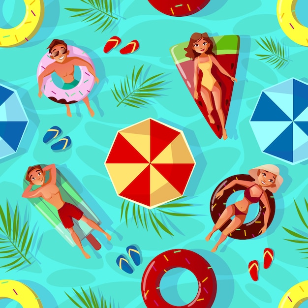 Summer pool illustration of seamless pattern background with people on swim rings i