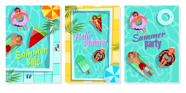 ショップ販売ポスター、パーティー招待状、こんにちは夏の挨拶のための夏のプールのイラスト