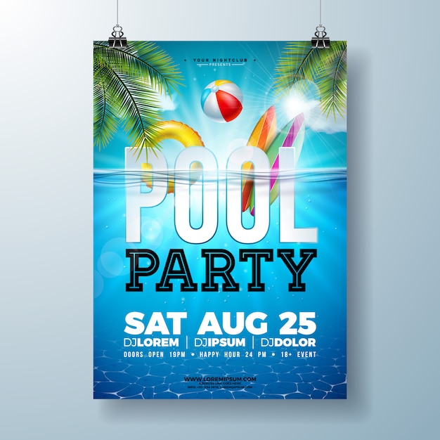 야자수 잎과 비치 볼 여름 수영장 파티 포스터 또는 전단지 디자인 서식 파일