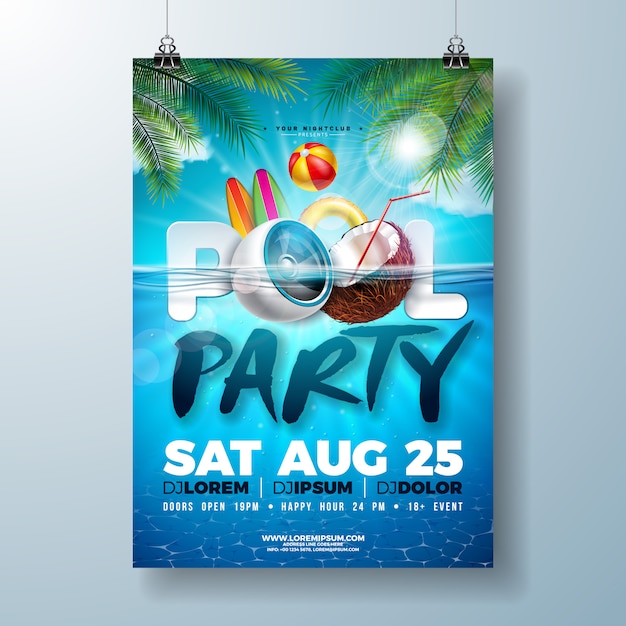 Summer pool party poster or flyer design template with speaker and coconut