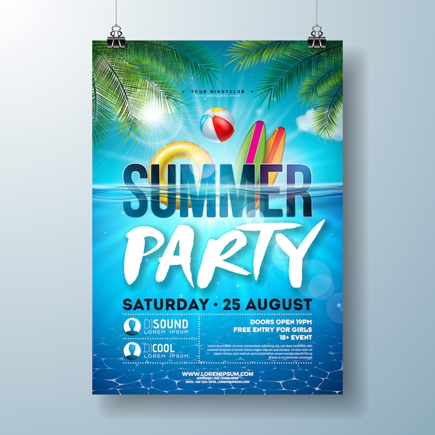 Summer pool party poster template with palm leaves and blue ocean landscape