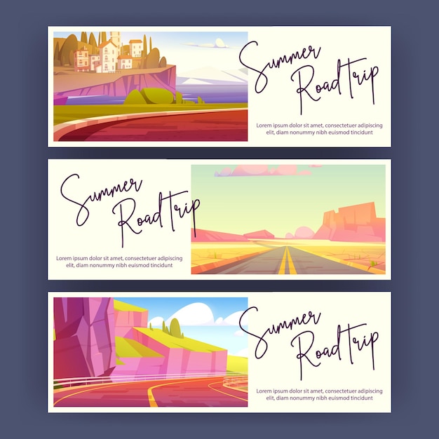 Summer road trip banners with landscape of mediterranean sea\
with island desert and mountains with highway vector posters of\
travel and journey with cartoon different nature scene with car\
road