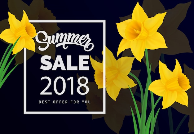 무료 벡터 summer sale 2018 최고의 레터링을 제공합니다. 노란 수 선화와 계절 비문입니다.